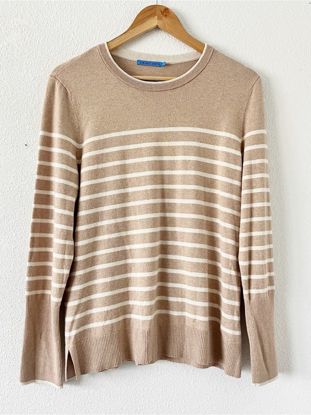 J. McLaughlin Striped Crewneck Tan White Knit Preppy Stretch Pullover Sweater - Picture 2 of 8